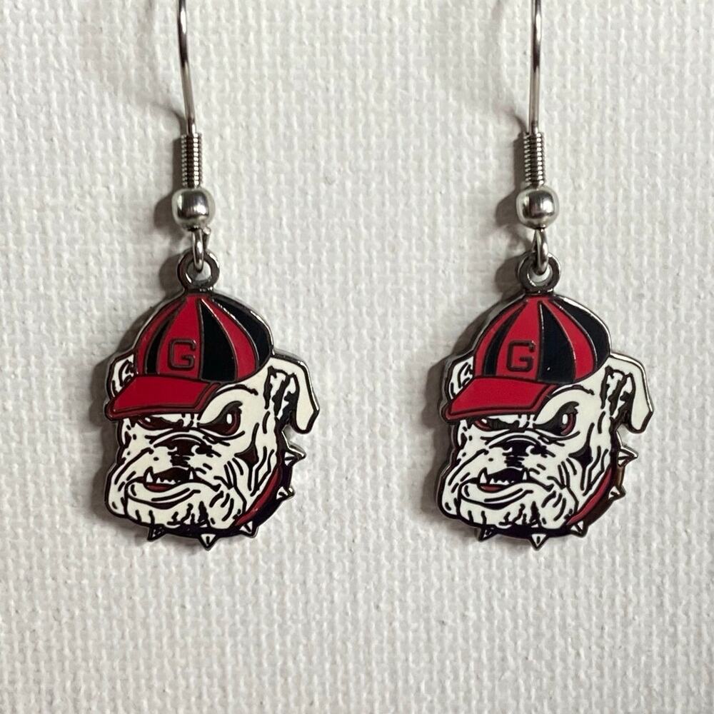 Georgia Bulldogs Mascot Dangle Earrings Silvertone Red Uga Tailgate Jewelry